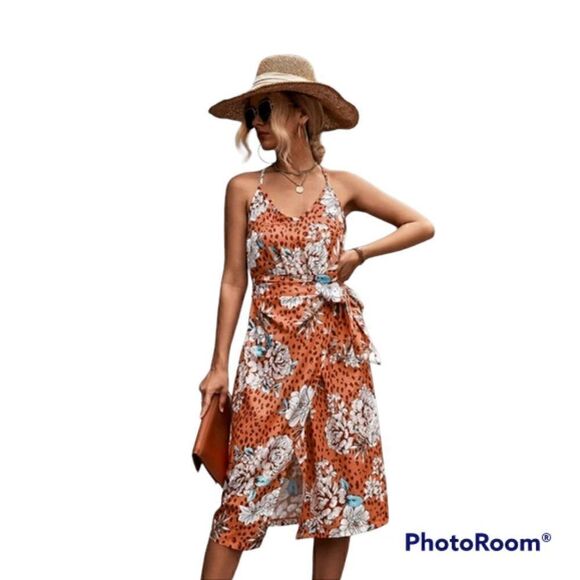 Sexy Sling V-Neck Tie Slit Dress - Picture 1 of 4